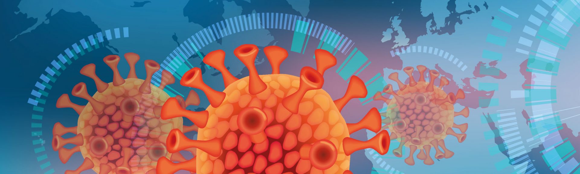 Stylized image of the coronavirus spreading globally, shown with a world map in the background.