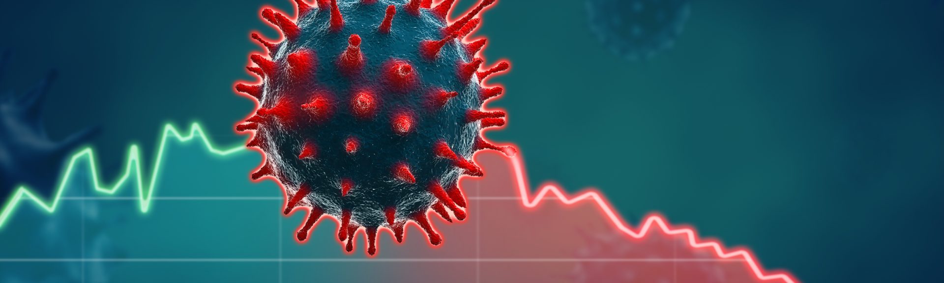 Corona Virus im Fokus, im Hintergrund eine absteigende Aktie
