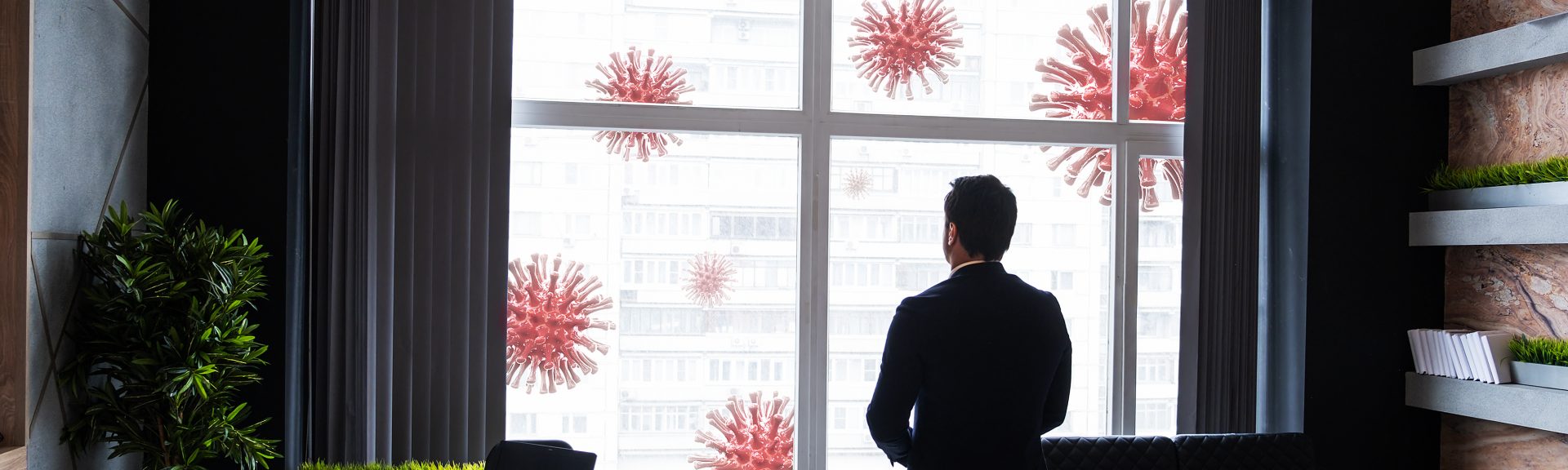 Coronavirus quarantine concept. Businesman looking at corona viruses at street, staying at office. Illustration of covid pandemic panic.