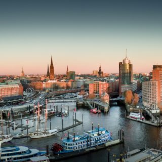 Panoramic view of Hamburg's harbor with the Elbphilharmonie concert hall on the right