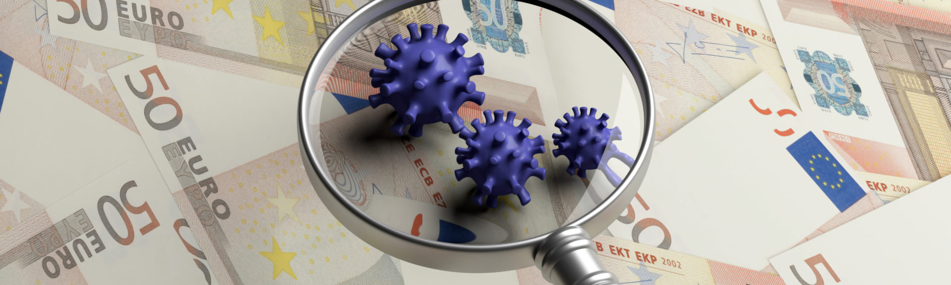 COVID19 Coronavirus infection, medical magnifier on euro banknotes background. 3d illustration