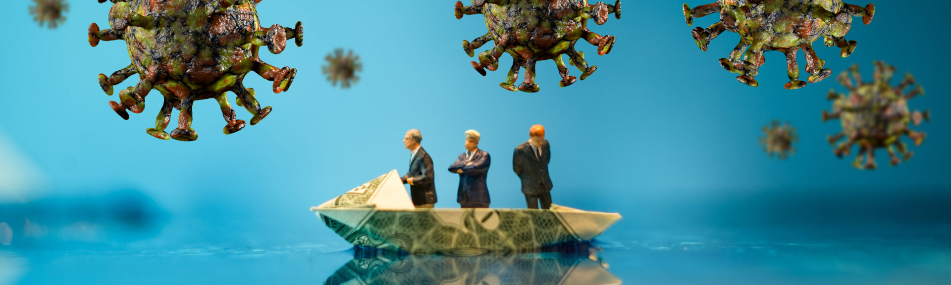 Coronavirus government or finance metaphor with lost businessmen riding in a money boat