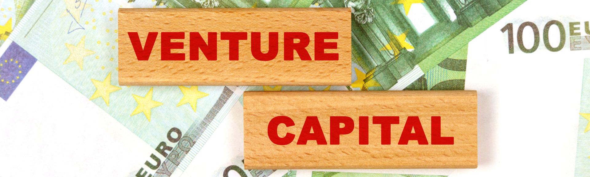 Business concept. Against the background of euro bills, the text is written on wooden blocks - venture capital