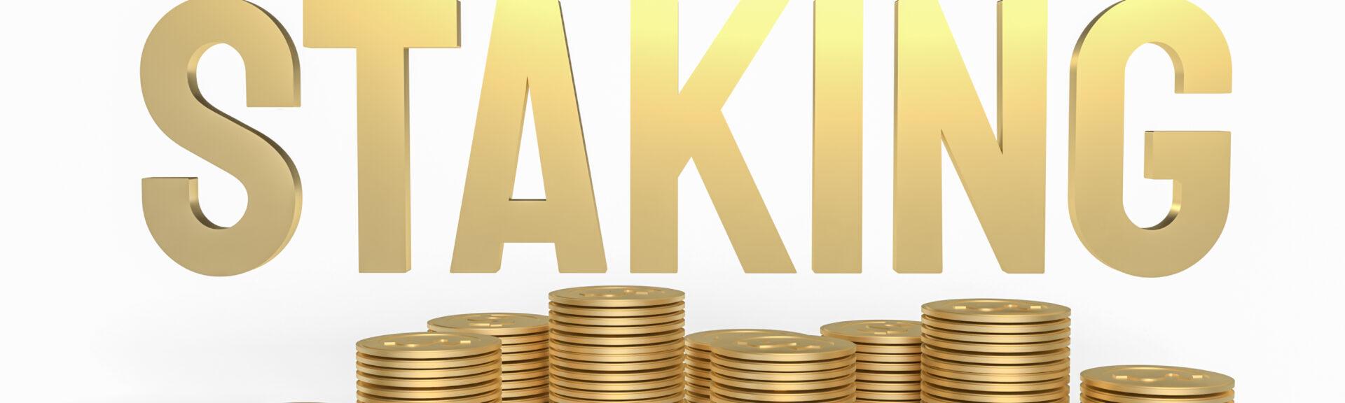 gold word staking and gold coins for business or cryptocurrency concept 3d rendering.