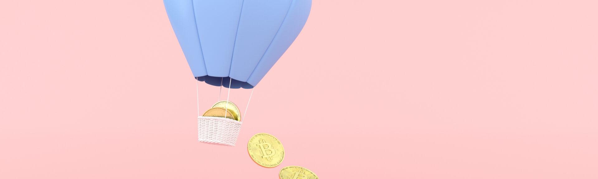 3d rendering of hot air balloon and falling of cryptocurrency bitcoin.