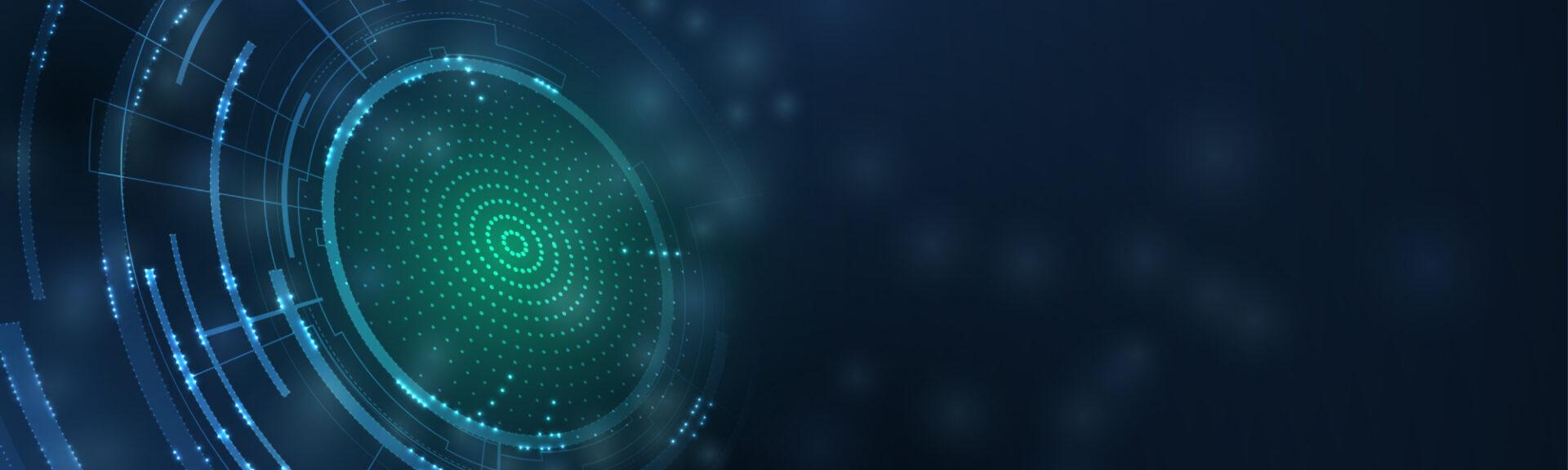 Digitale, futuristische Grafik mit kreisförmigem, leuchtendem Interface