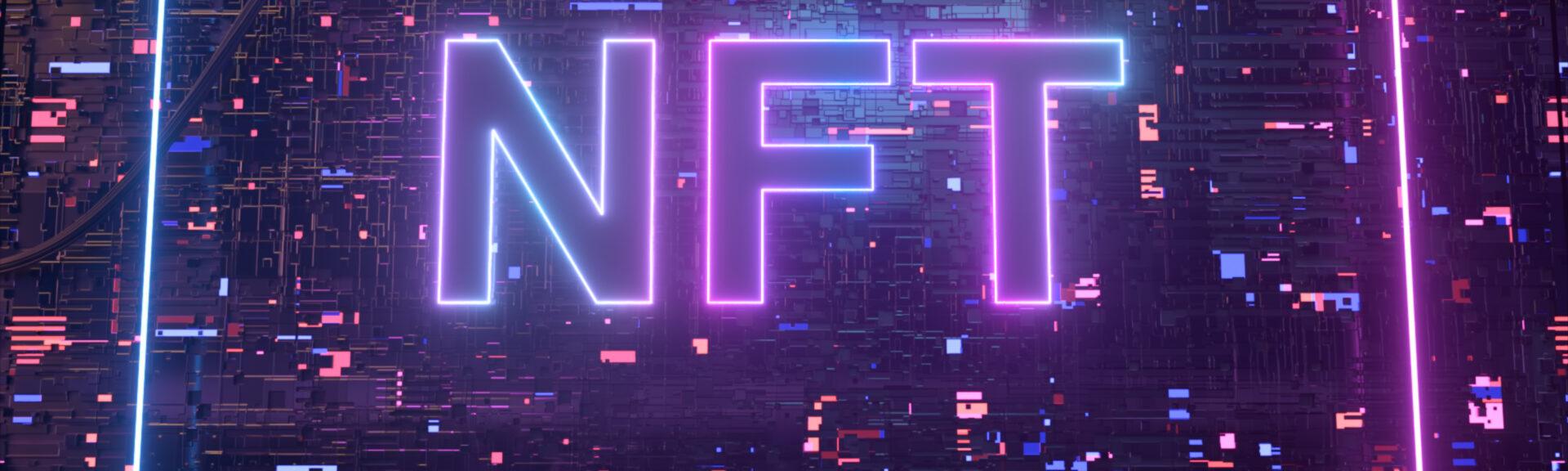 Blockchain digital data transmission room. NFT non fungible token neon concept with crypto currencies Ethereum. New way to buy digital assets, collectibles and crypto art. High quality 3d illustration
