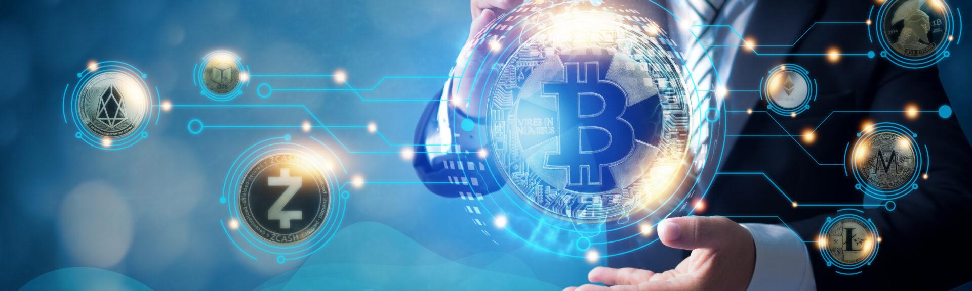 Digital bitcoin and crypto currency network, Blockchain and NFT technology trade and exchange financial innovation futuristic, Businessman holding coins of modern cryptocurrency metaverse finance