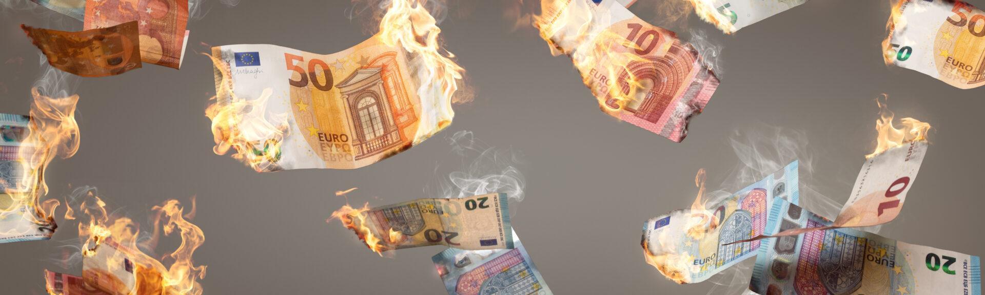 Burning Euro banknotes falling down
