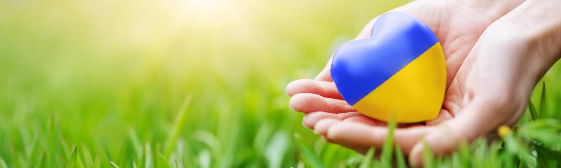 Woman hands holding a heart in ucrainian colours. Peace and no war concept