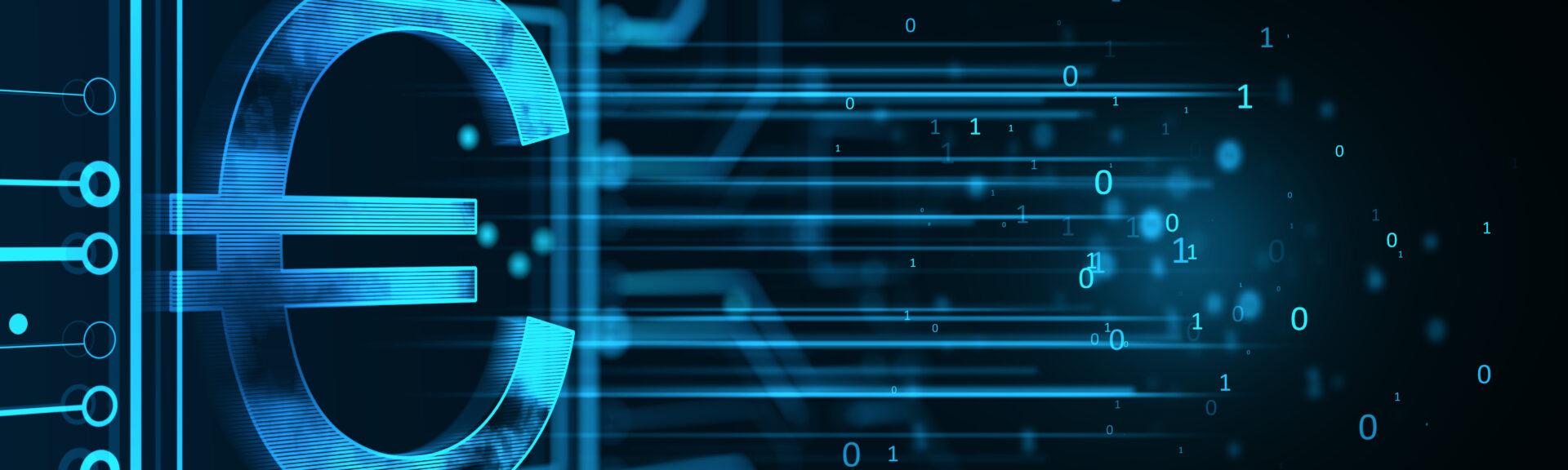 Creative glowing euro hologram on dark wallpaper. Futuristic hi-tech digital money and electronic economy of the future concept. 3D Rendering.