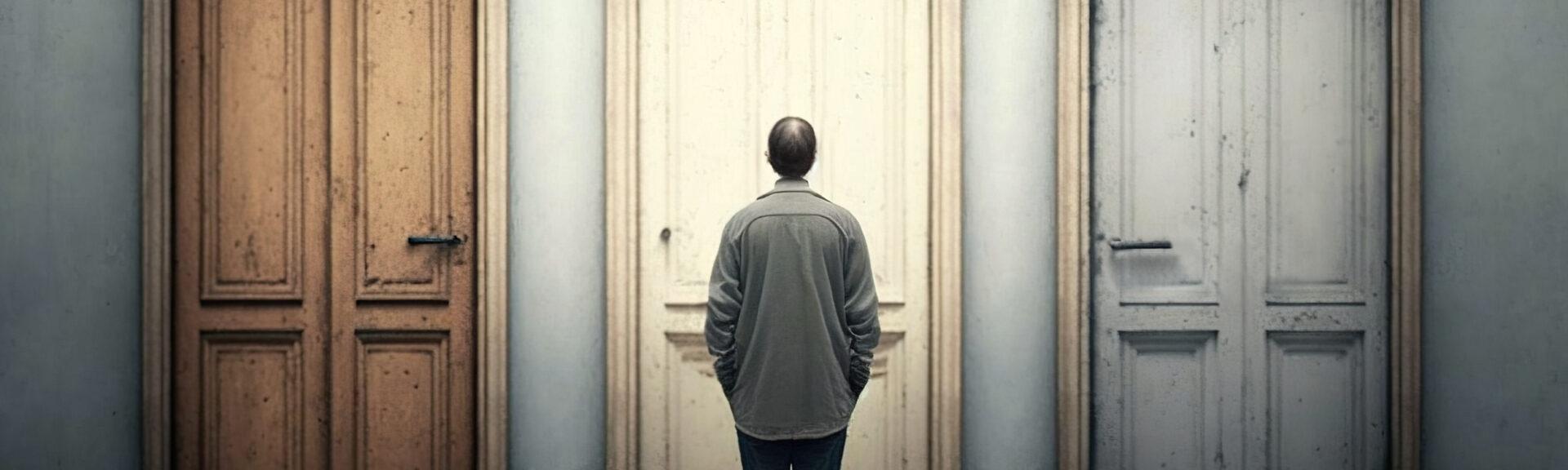 Man standing in front of vintage doors choosing right one, choice