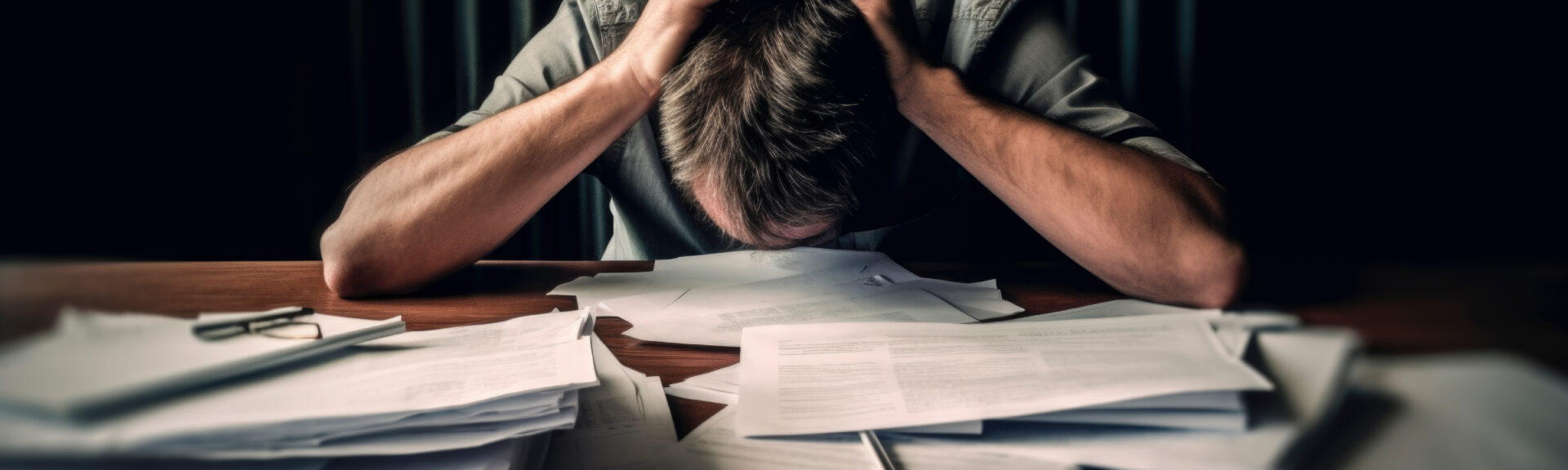 a stressed man holding his head looking at piles of documents