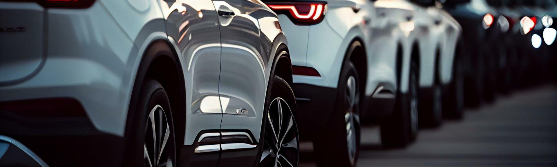 White generic fleet SUV's parked in a lot, side closeup on front