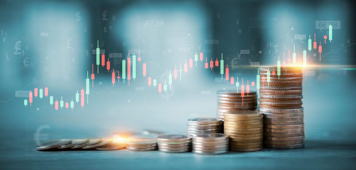 Financial information on country background, stacks of coins with charts graphs stock market background, ideas for finance Investment, business development concept and the world economy in the future.