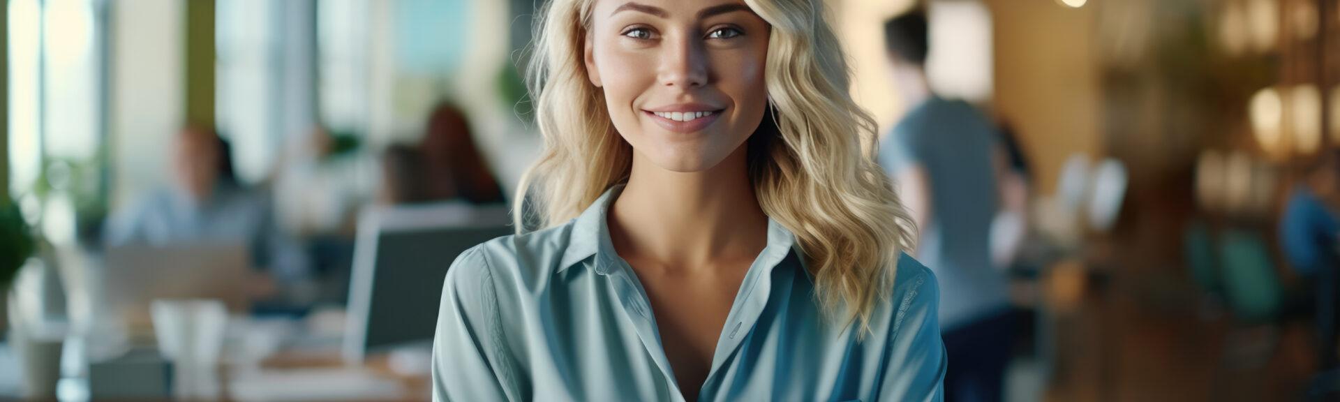Businesswoman standing competent and smiling standing in office