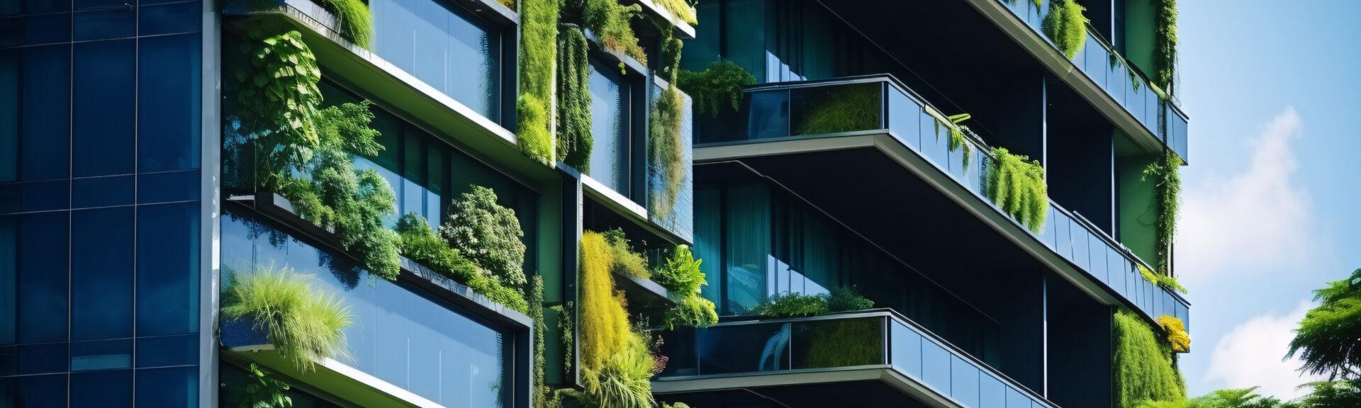 Sustainable green building in modern city. Green architecture. Eco-friendly building. Sustainable residential building with vertical garden reduce CO2. Apartment with green environment.