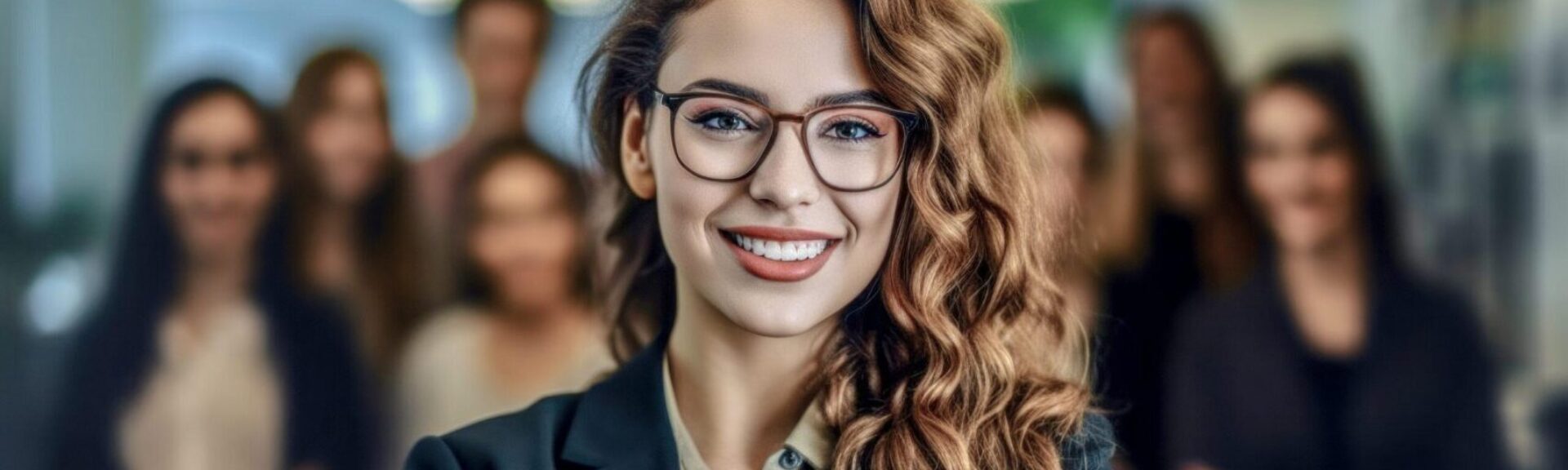 Young Successful and good-looking Woman Team Leader Start-up CEO Lawyer Boss in an office with Staff Generative AI Digital Art Background Illustration