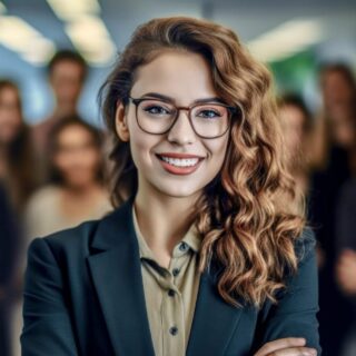 Young Successful and good-looking Woman Team Leader Start-up CEO Lawyer Boss in an office with Staff Generative AI Digital Art Background Illustration