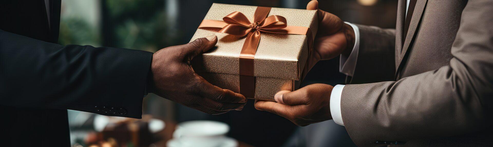 Close-up view of hands Giving a business gift in an office Generative AI
