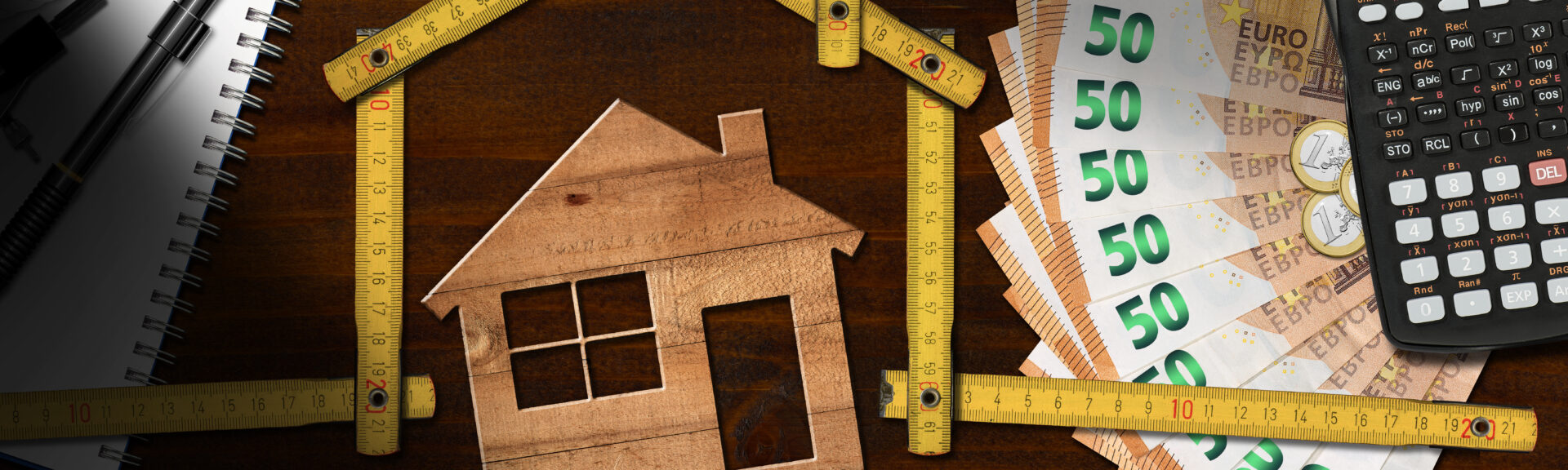 Home improvement concept - Wooden folding ruler in the shape of a house with work tools, calculator, banknotes and coins on a wooden desk