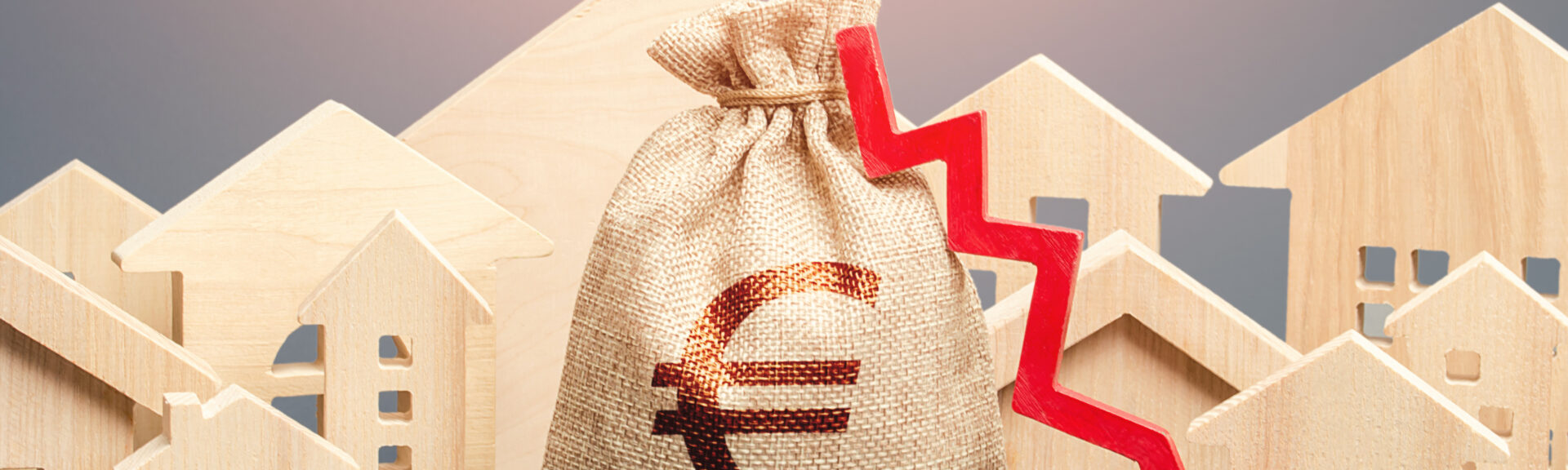 City residential buildings and euro money bag with a red down arrow. Falling prices for rental apartments. Lower mortgage interest rates. Low cost of real estate. Reducing demand for home buying