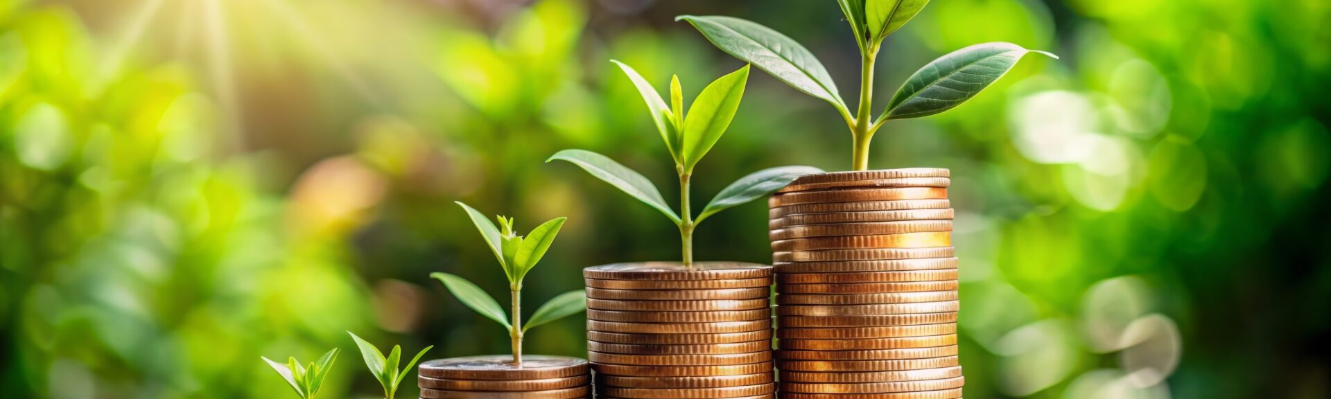 Sustainable Investing with Green Background and Coins: An image focused on a pile of coins with a lush green plant in the background, representing the concept of sustainable and eco-friendly investing