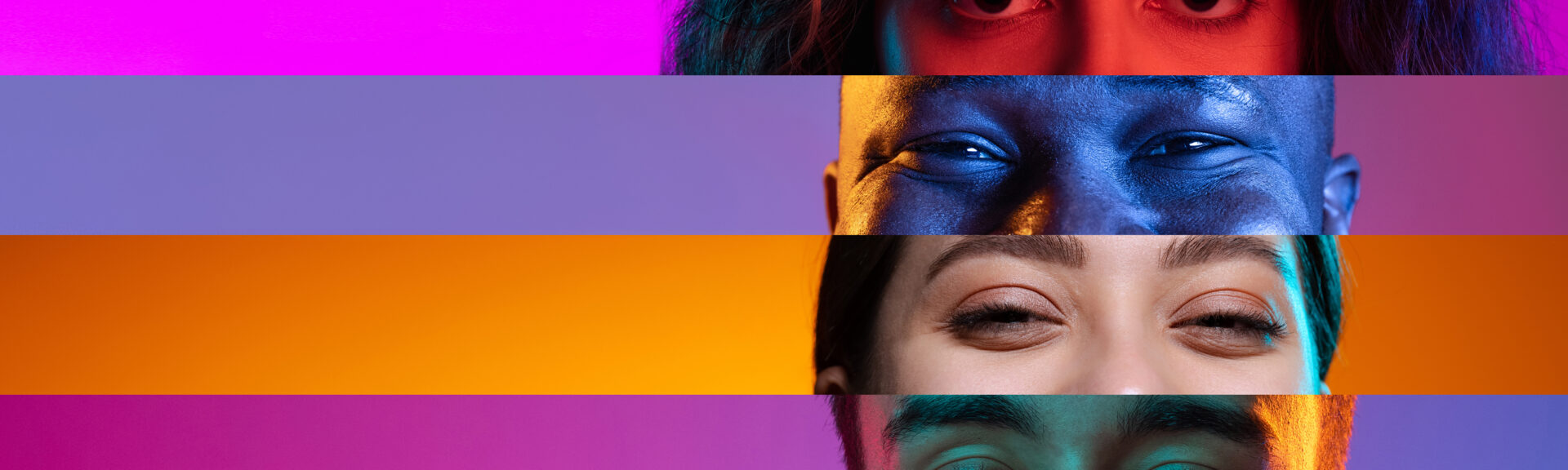 Neon stripes, loines. Closeup human eyes on multicolored background in neon light. Collage made of cropped faces of male and female models. Diversity