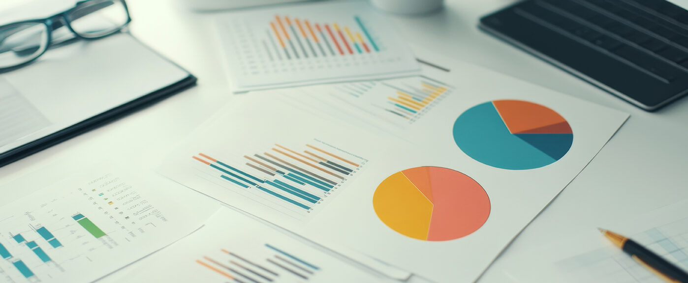 A business report with multiple pie charts illustrating profit margins and revenue distribution, laid out on a white surface for easy analysis and review.
