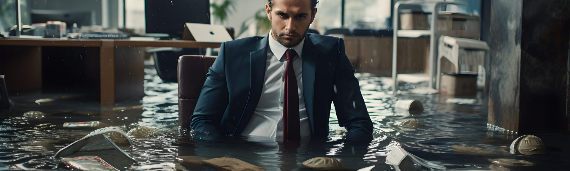 Businessman's Desolate Look at the Flood in his office