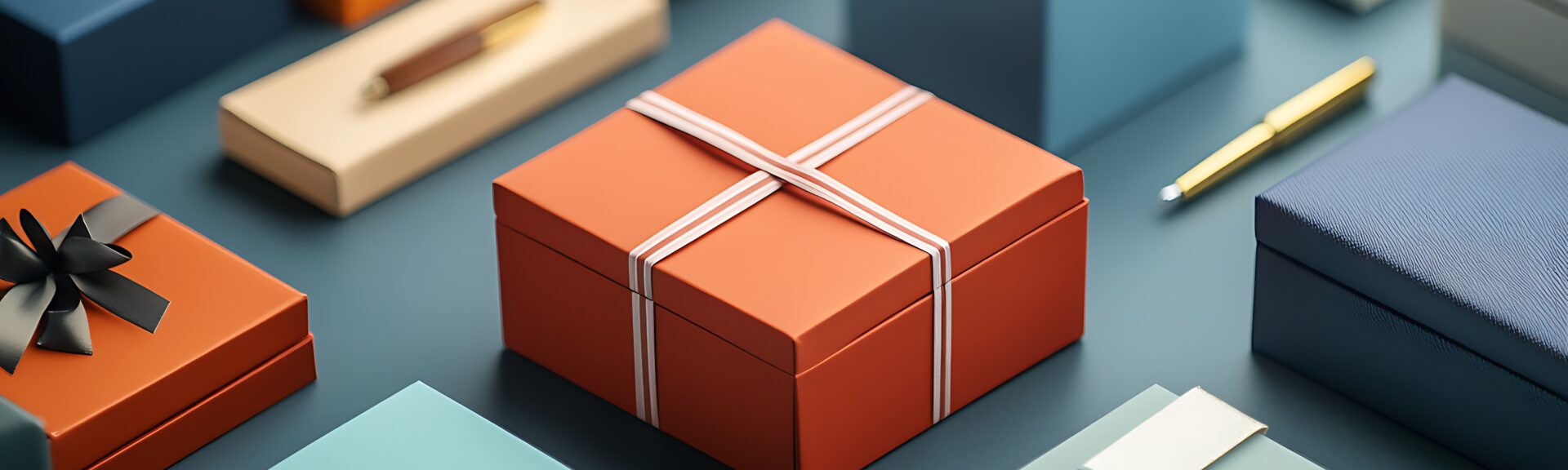 Group of pen gift boxes in various colors, neatly arranged on a desk