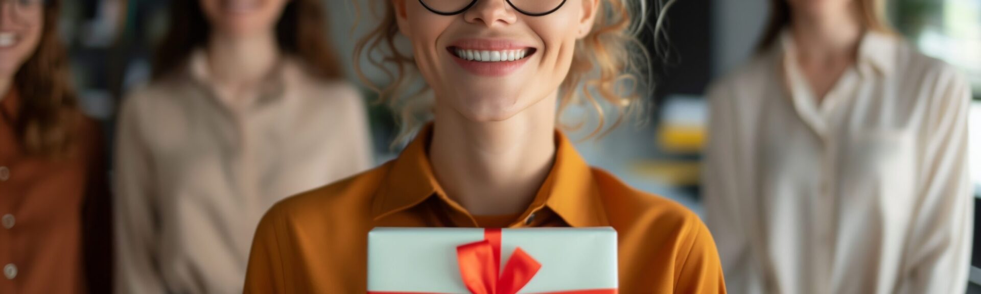 A team of coworkers presents a gift and card to a colleague.