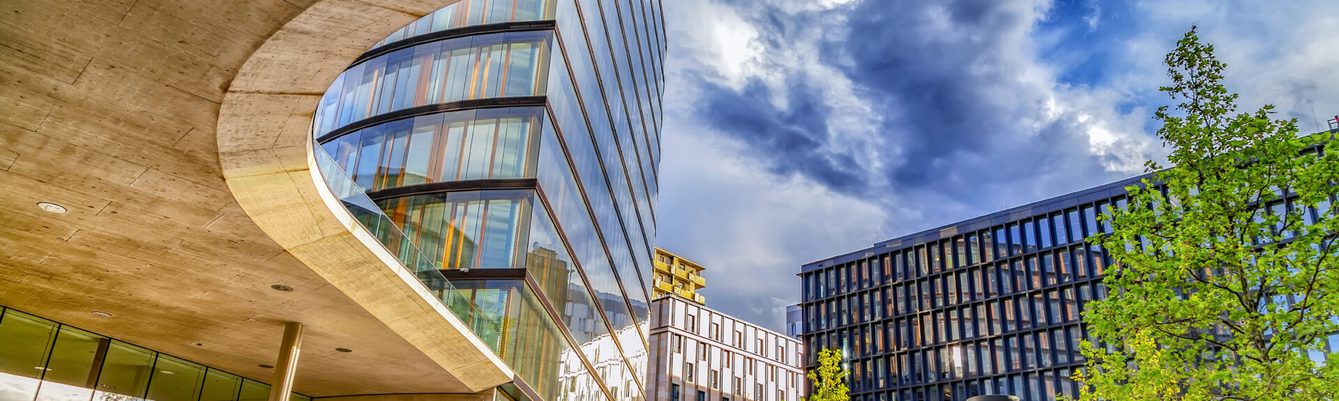 Modern buildings development site in central Vienna. Urban mix of office and residential buildings, green space, cultural establishments, museums