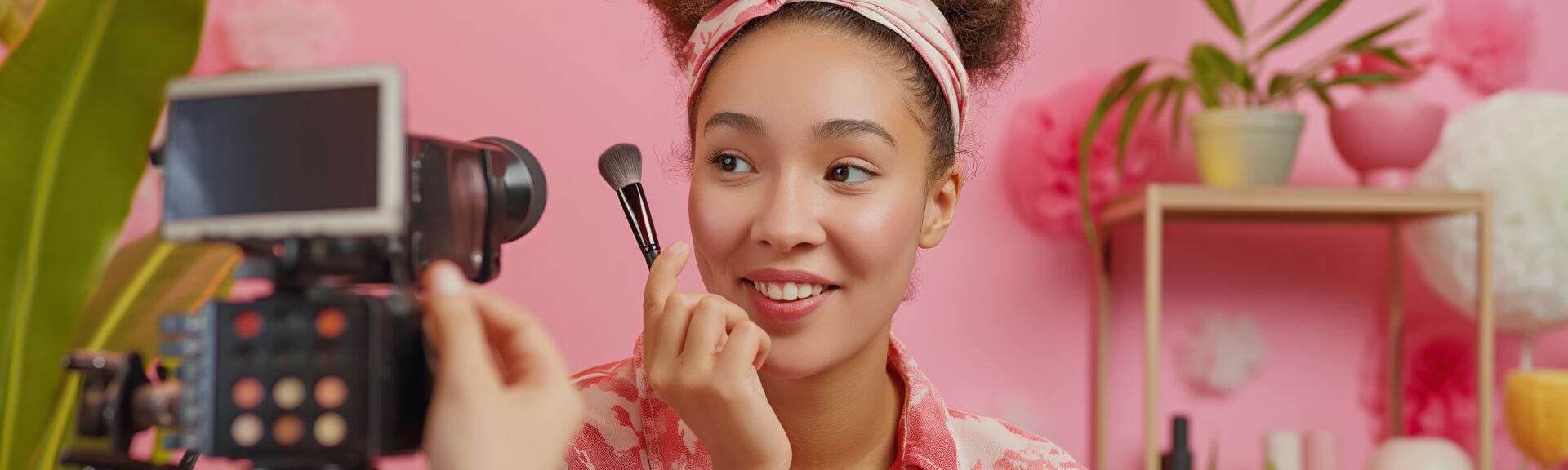 Smiling beauty blogger holding makeup brush at camera portrait image. Online influencer. Female content creator photography human scene. Cosmetics branding concept photo-realistic