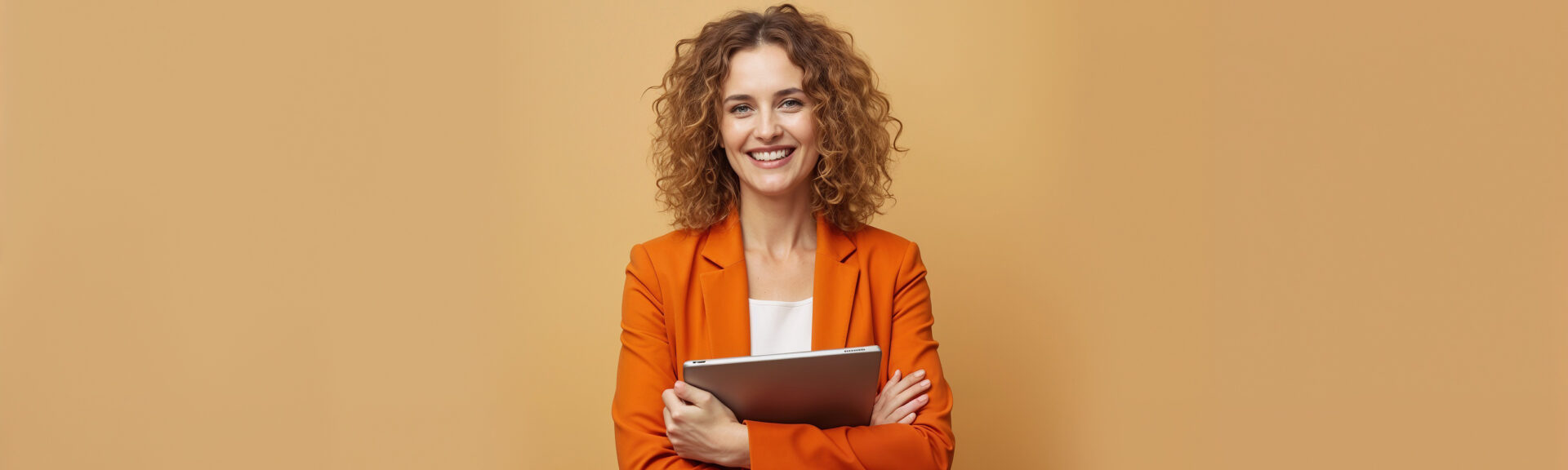 Business woman smiling, curly hair, laptop in front of her chest, orange background