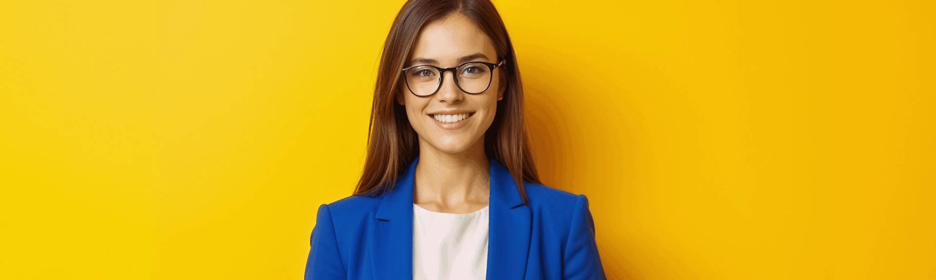 Smiling woman in white T-Shirt, blue blazer and a yellow backround