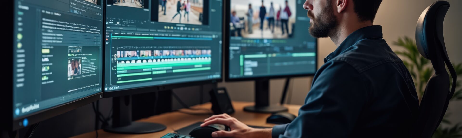 Video editor working on footage at desk. Modern workspace features multiple computer monitors. Man uses keyboard, mouse. Post production, video editing process. Cinematic digital technology in media