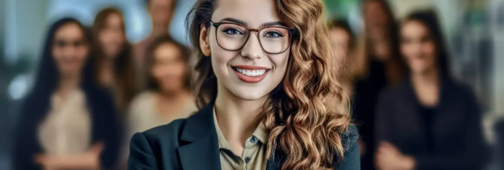 Young Successful and good-looking Woman Team Leader Start-up CEO Lawyer Boss in an office with Staff Generative AI Digital Art Background Illustration