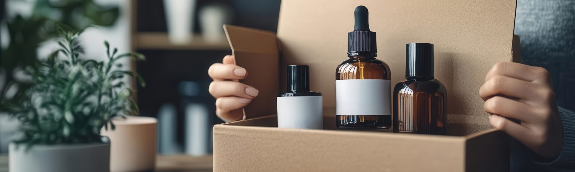 Influencer unboxing luxury skincare products in a well-lit studio, professional branding, e-commerce marketing