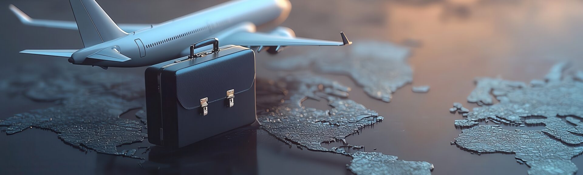 Business travel concept, airplane and briefcase, global mobility, 3D illustration