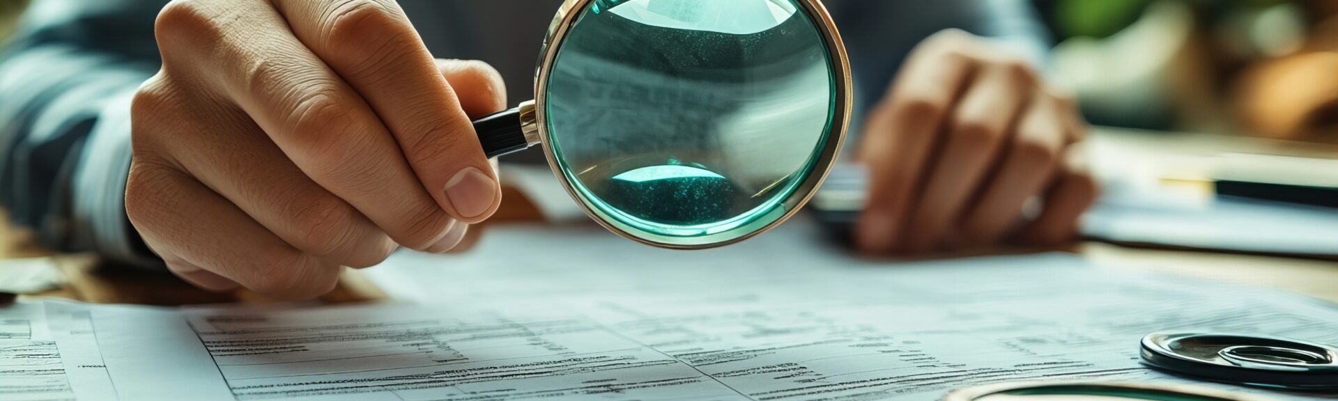 Business Auditor Examines Paperwork with Magnifying Glass for Fraud During Corporate Tax Audit
