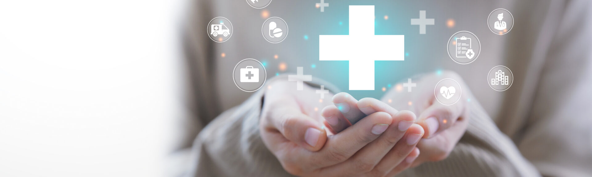 Woman hand holding plus icon for the healthcare medical icon. Health insurance health concept. access to welfare health and copy space,