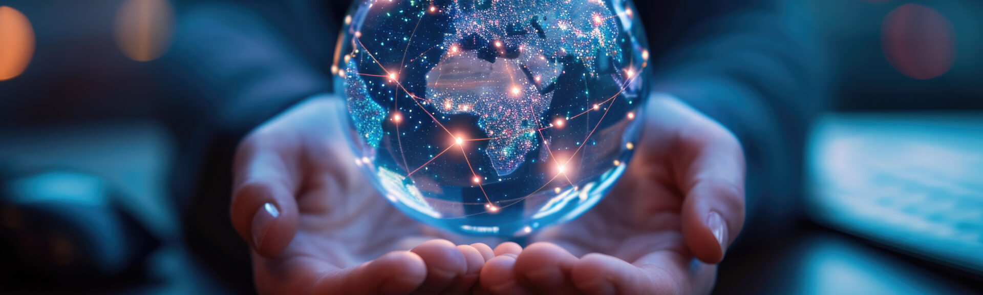Pair of hands holding a transparent globe with digital connections and nodes superimposed over it, representing a network, global communication