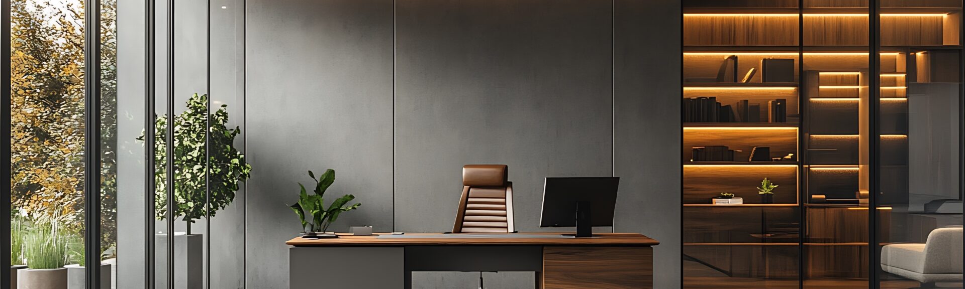 Modern Minimalist Office Interior Design with Wooden Desk and Shelves Contemporary Workspace Architecture Photo : Generative AI