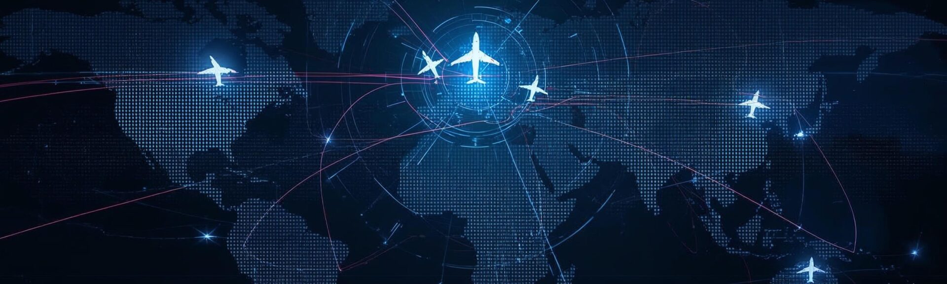 Global air travel network connecting continents with modern aircraft paths visualized