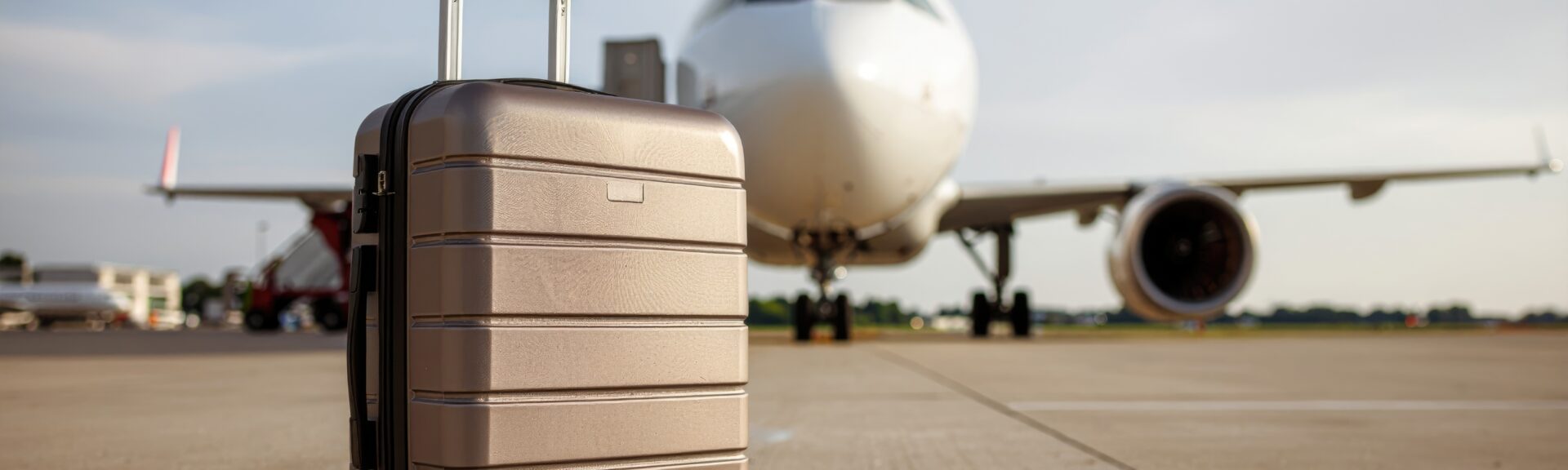 Suitcase in front of the plane at the airport. travel concept
