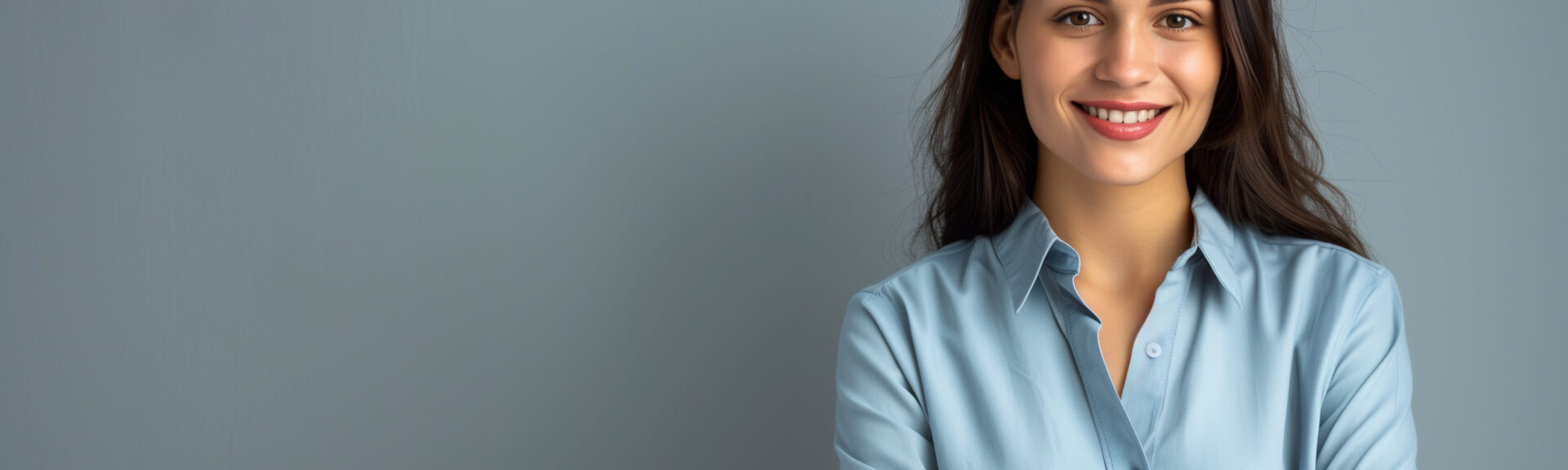 Happy young smiling confident professional business woman wearing blue shirt, pretty stylish female executive looking at camera, standing arms crossed isolated on gray background