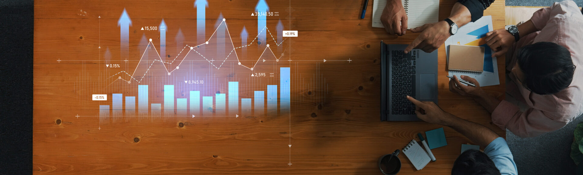 Collaborative Business Meeting with Data Analytics Display on a Wooden Table Focusing on Growing Graphs and Teamwork in a Modern Workspace Scalp