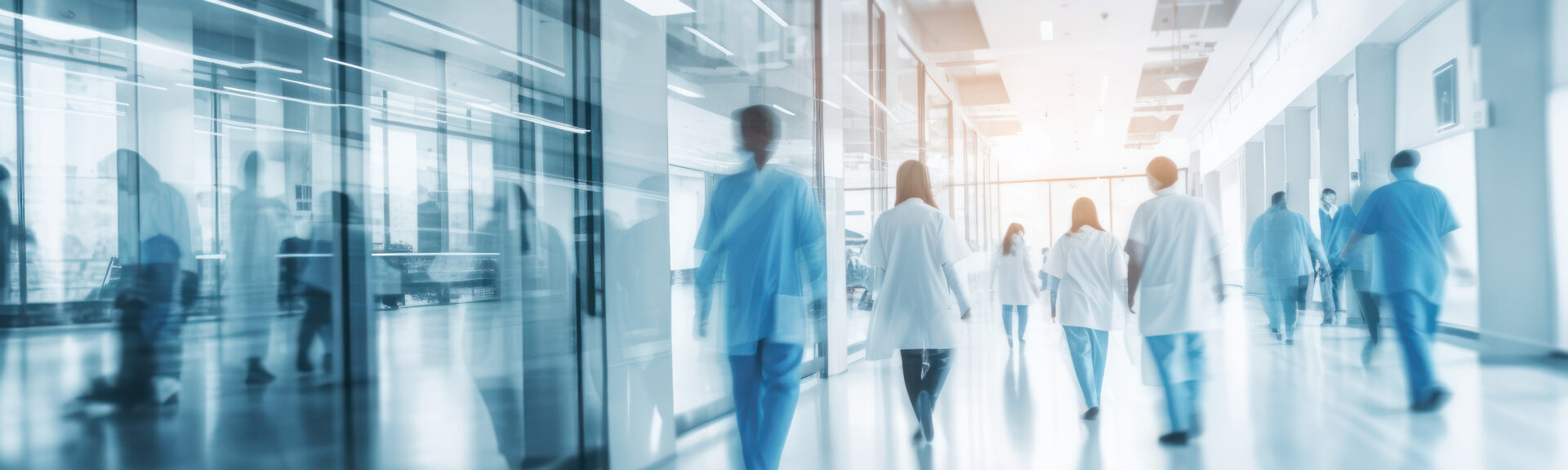 Doctor and nurse people in hospital interior or clinic corridor for background, abstract blurred image, laboratory, science experiment, health care and medical technology concept, Generative AI